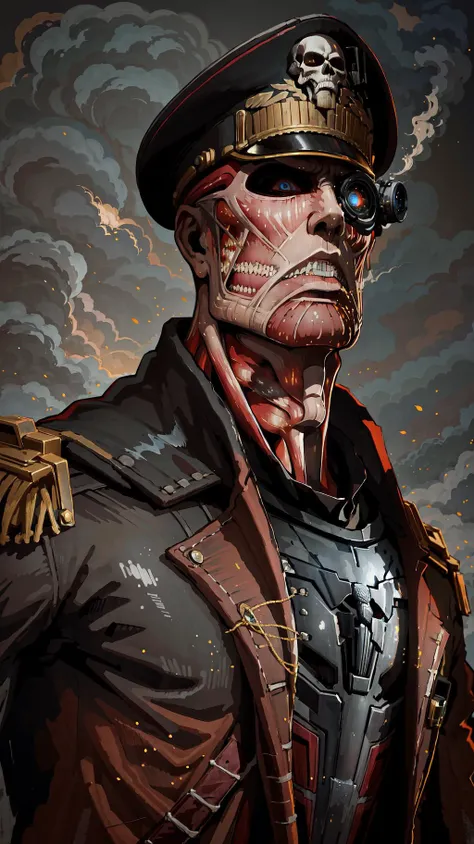 High Quality, Masterpiece, 1boy, solo, edgCommissar, epaulettes, wearing edgCommissar, ((artificial eye)), skull emblem, millitary uniform, hat, <lora:Outfit_Warhammer40KCommissar:1>, upper body, muscular male, colossal titan, <lora:Char_Sigmas_ColossalTitan:1>