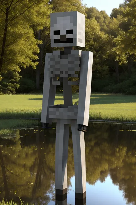 <lora:Skeleton:.7> Skeleton standing by a pond at the park, full body, high detail, sharp focus, hdr