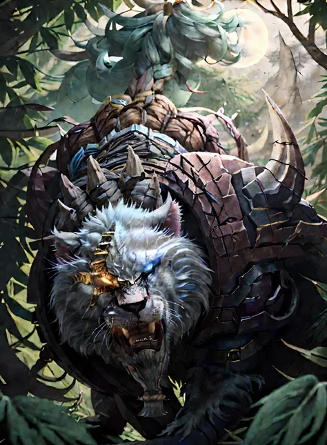 (by bambii dog, by personalami, by honovy, by blotch),beast, solo, lion, rengar \(lol\), long hair, braided hair, muscular, claws, armor,, inside jungle, night, moonlight, <lora:RengarFRL22nO:1>,blue eyes,look at the audience,(sideways:1.5),leaping