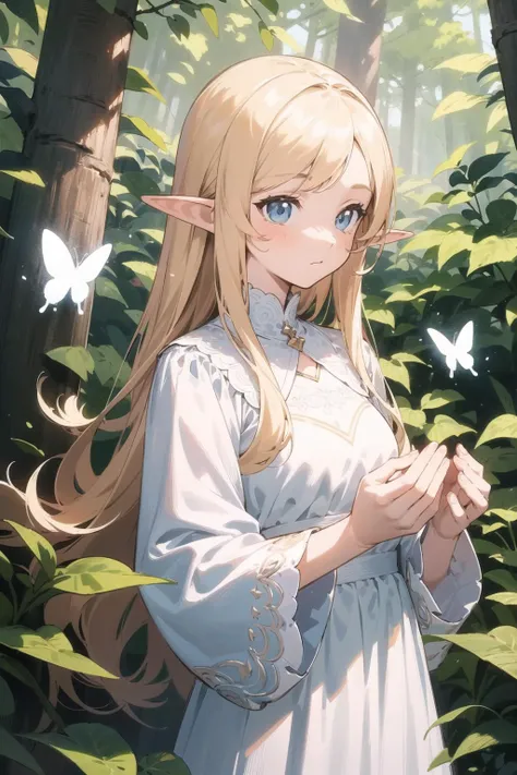 (finely best quality illustration:1.2), (kawaii girl:1.0), (1girl, solo:1.0), (elf, blonde long hair:1.0), (natural white long dress, (smile:0.4), (profile:0.6):1.0), (stand in the forest, catching butterflies, hands:1.0), (looking at another:1.6), (upper body:1.2), (ultra-detailed, highres:1.0), (sfw:1.2),