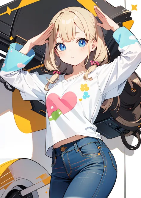 ((masterpiece)),(((bestquality))),((ultra-detailed)),((illustration)),(kawaii girl:1.1), casual,jeans,straight-arm salute