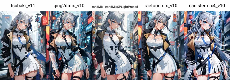 (masterpiece, best quality), intricate details,
1girl, <lora:hololive_zeta_v2-12:0.8> vestiadef, braid, cone hair bun, jacket, white dress, single thighhigh, earrings,
standing on street corner, futuristic city, cyberpunk, rain, wet clothes,