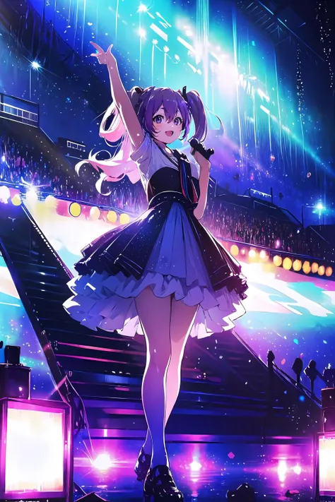 official art,extremely detailed CG unity 8k wallpaper, perfect lighting,(masterpiece:1.0), (best_quality:1.0), ultra high res, 4K, ultra-detailed, 8K, HDR, highres, absurdres:1.2, blurry background, bokeh:1.2, lens flare, (vibrant_color:1.2), <lora:Light and Shadow:1>, Colorful, <lora:epi_noiseoffset2:0.8>,
<lyco:toujou yuuki:0.65>, 1girl, toujou yuuki, minigirl,
sonzai, light blue dress, full body,
ear monitor, (upskirt:0.9), uphair,
masterpiece, best quality, concert venue, 1girl, solo, stage in the background, stage lighting, stage spotlight, dancing, singing, smile,