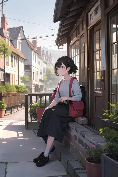 (Highest Quality, Amazing Details:1.25), (Solo1.2), Quaint, charming, Vibrant, lively, Cozy, comfortable, Beautiful, picturesque, Modern, sleek, Eclectic, diverse, Sophisticated, elegant, Historic, cultural, Progressive, innovative, Serene, peaceful, extremely solemn atmosphere, A woman wearing crossbody bag or backpack to keep essentials close and secure while sightseeing, boredly resting
