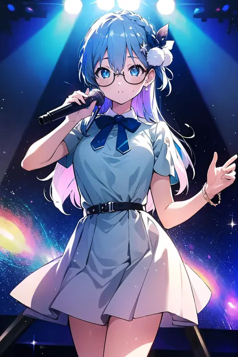 official art,extremely detailed CG unity 8k wallpaper, perfect lighting,(masterpiece:1.0), (best_quality:1.0), ultra high res, 4K, ultra-detailed, 8K, HDR, highres, absurdres:1.2, blurry background, bokeh:1.2, lens flare, (vibrant_color:1.2), <lora:Light and Shadow:0.8>, Colorful, <lora:epi_noiseoffset2:0.7>,
<lyco:maruyama akane:0.65>, 1girl, maruyama akane, expressionless, blue hair, straight hair, long hair, blue eyes, braid, hair ornament, ear monitor,
sonzai, light blue dress, (upskirt:0.8), uphair, (shining glasses:1.5), the lips separate,
masterpiece, best quality, concert venue, 1girl, solo, stage in the background, stage lighting, stage spotlight, dancing, singing, faint laughter, cowboy shot,