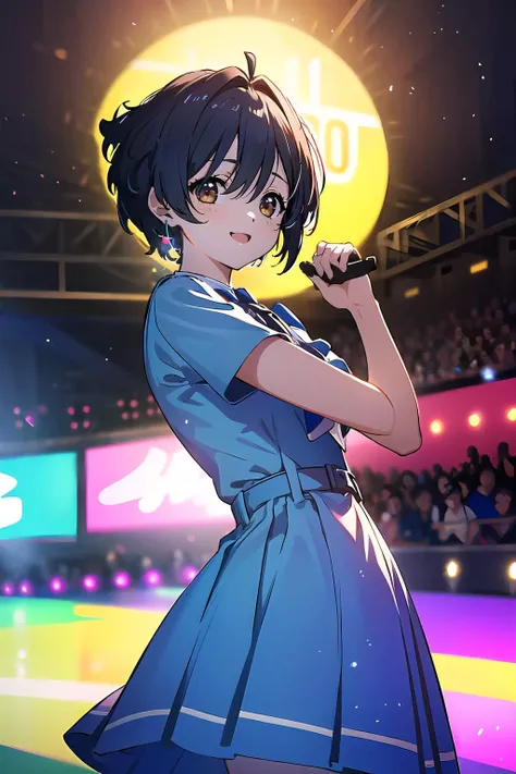 official art,extremely detailed CG unity 8k wallpaper, perfect lighting,(masterpiece:1.0), (best_quality:1.0), ultra high res, 4K, ultra-detailed, 8K, HDR, highres, absurdres:1.2, blurry background, bokeh:1.2, lens flare, (vibrant_color:1.2), <lora:Light and Shadow:0.8>, Colorful, <lora:epi_noiseoffset2:0.8>,
<lyco:takigawa miu:0.6>takigawa miu, black hair, short hair,
nana01, light blue dress,
ear monitor, (upskirt:0.8), uphair,
masterpiece, best quality, Tokyo dome arena seats, 1girl, solo, stage in the background, stage lighting, stage spotlight, dancing, singing, smile,