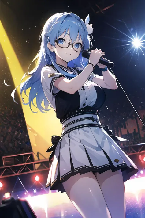 official art,extremely detailed CG unity 8k wallpaper, perfect lighting,(masterpiece:1.0), (best_quality:1.0), ultra high res, 4K, ultra-detailed, 8K, HDR, highres, absurdres:1.2, blurry background, bokeh:1.2, lens flare, (vibrant_color:1.2), <lora:Light and Shadow:0.7>, Colorful, <lora:epi_noiseoffset2:0.8>,
<lyco:maruyama akane:0.6>, maruyama akane, blue hair, long hair, blue eyes, braid, hair ornament, glasses, large breasts,
keisan04,
ear monitor, (upskirt:0.8), uphair,
masterpiece, best quality, Tokyo dome arena seats, 1girl, solo, stage in the background, stage lighting, stage spotlight, dancing, singing, smile,