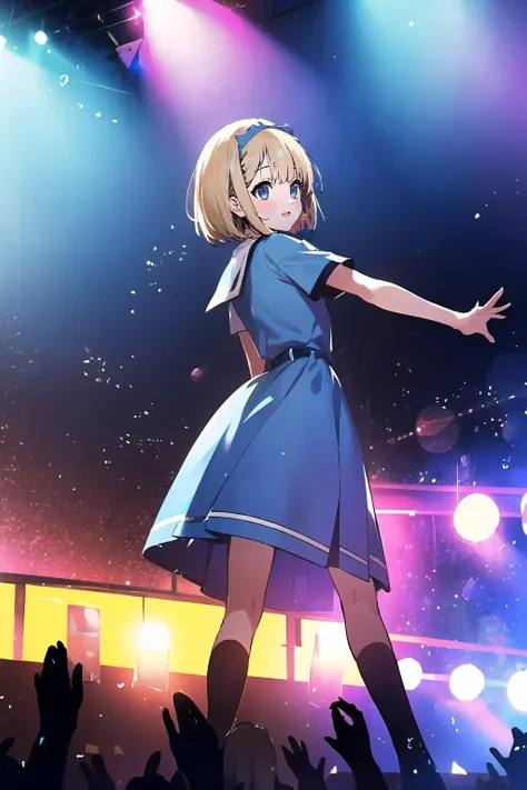 official art,extremely detailed CG unity 8k wallpaper, perfect lighting,(masterpiece:1.0), (best_quality:1.0), ultra high res, 4K, ultra-detailed, 8K, HDR, highres, absurdres:1.2, blurry background, bokeh:1.2, lens flare, (vibrant_color:1.2), <lora:Light and Shadow:1>, Colorful, <lora:epi_noiseoffset2:1>,
<lyco:saitou nicole:0.8>, saitou nicole, blonde hair, (short hair:1.2),
nana01, light blue dress,
ear monitor, (upskirt:0.8), uphair, from behind,
masterpiece, best quality, Live venue arena seats, 1girl, solo, stage in the background, stage lighting, stage spotlight, dancing, singing, smile,