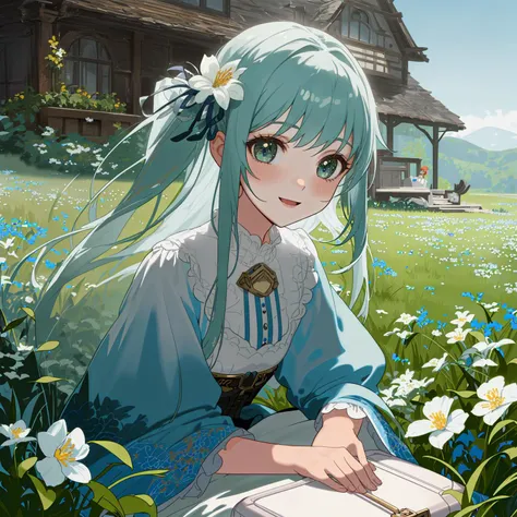 (masterpiece), (best_quality:1.3), (ultra_detailed:1.3), 8k, (((extremely_clear))), vivid color, cinematic lighting,
perfect proportion, perfect anatomy,
serene expression,
noon, scenery, clear blue transparent sky, fantasy valley in mountains, outdoor, upper body,
1girl, 18 years-old, intricate adorable beautiful kawaii face, (((happy face))), flowers hair ornaments, wearing fantasy peasant plain dress,
grass field, sitting on matt, having a lunchbox,
flower_style