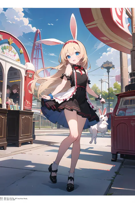 masterpiece, best quality, 1girl,(solo:1.3),full body,official art,ChioriMikami,long hair,blue eyes,blonde hair,rabbit ears,small breasts,red rabbit ears hairband,jk server, toys,candy, amusement park