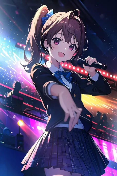 official art,extremely detailed CG unity 8k wallpaper, perfect lighting,(masterpiece:1.0), (best_quality:1.0), ultra high res, 4K, ultra-detailed, 8K, HDR, highres, absurdres:1.2, blurry background, bokeh:1.2, lens flare, (vibrant_color:1.2), <lora:Light and Shadow:1>, Colorful, <lora:epi_noiseoffset2:1>,
<lyco:toda_jun:0.65>, 1girl, toda jun, long one side ponytail,
nana02, blue blazer, plaid skirt, blue skirt, collared shirt, plaid bow,
ear monitor, (upskirt:0.8), uphair,
masterpiece, best quality, concert venue, 1girl, solo, stage in the background, stage lighting, stage spotlight, dancing, singing, smile,