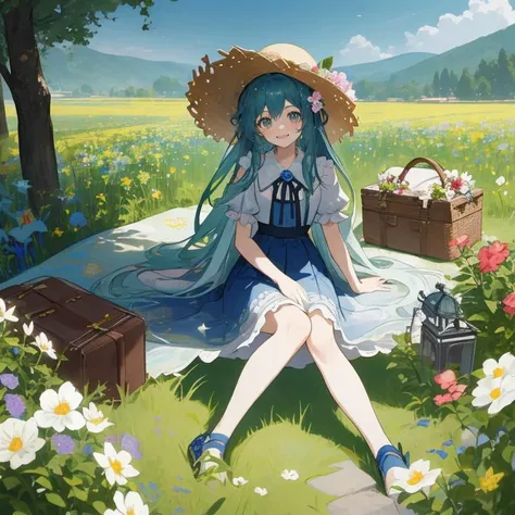 (masterpiece), (best_quality:1.3), (ultra_detailed:1.3), 8k, (((extremely_clear))), vivid color, cinematic lighting,
perfect proportion, perfect anatomy,
serene expression,
noon, scenery, clear blue transparent sky, fantasy valley in mountains, outdoor, full body,
1girl, 18 years-old, intricate adorable beautiful kawaii face, (((happy face))), straw hat, wearing fantasy cute peasant plain skirt,
flower field, sitting on picnic blanket, having lunch,
flower_style