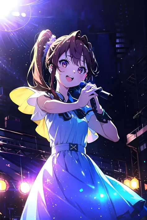 official art,extremely detailed CG unity 8k wallpaper, perfect lighting,(masterpiece:1.0), (best_quality:1.0), ultra high res, 4K, ultra-detailed, 8K, HDR, highres, absurdres:1.2, blurry background, bokeh:1.2, lens flare, (vibrant_color:1.2), <lora:Light and Shadow:1>, Colorful, <lora:epi_noiseoffset2:1>,
<lyco:toda_jun:0.65>, 1girl, toda jun, long one side ponytail, 
nana01, sonzai, light blue dress, 
ear monitor, (upskirt:0.8), uphair, 
masterpiece, best quality, concert venue, 1girl, solo, stage in the background, stage lighting, stage spotlight, dancing, singing, smile,