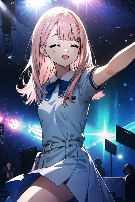official art,extremely detailed CG unity 8k wallpaper, perfect lighting,(masterpiece:1.0), (best_quality:1.0), ultra high res, 4K, ultra-detailed, 8K, HDR, highres, absurdres:1.2, blurry background, bokeh:1.2, lens flare, (vibrant_color:1.2), <lora:Light and Shadow:1>, Colorful, <lora:epi_noiseoffset2:1>,
<lyco:kamiki mikami:0.4>, <lyco:kamiki mikami_v05:0.4>, 1girl, kamiki mikami, long hair, pink hair, green eyes,
nana01, light blue dress,
ear monitor, (upskirt:0.8), uphair,
masterpiece, best quality, concert venue, 1girl, solo, stage in the background, stage lighting, stage spotlight, dancing, singing, smile,