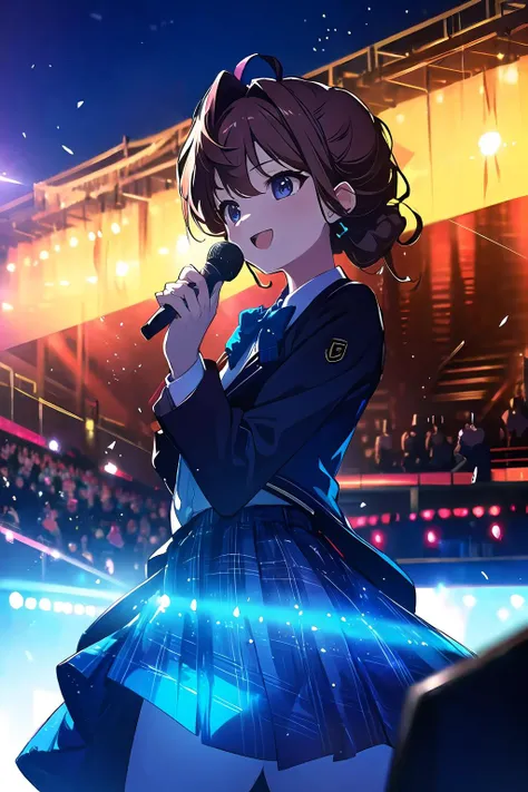 official art,extremely detailed CG unity 8k wallpaper, perfect lighting,(masterpiece:1.0), (best_quality:1.0), ultra high res, 4K, ultra-detailed, 8K, HDR, highres, absurdres:1.2, blurry background, bokeh:1.2, lens flare, (vibrant_color:1.2), <lora:Light and Shadow:1>, Colorful, <lora:epi_noiseoffset2:1>,
<lyco:toda_jun:0.65>, 1girl, toda jun, 
nana02, blue blazer, plaid skirt, blue skirt, collared shirt, plaid bow,
ear monitor, (upskirt:0.8), uphair, 
masterpiece, best quality, concert venue, 1girl, solo, stage in the background, stage lighting, stage spotlight, dancing, singing, smile,