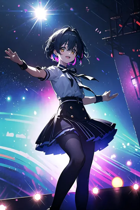 idol on stage, midhair, gret + green eye female, 17 years