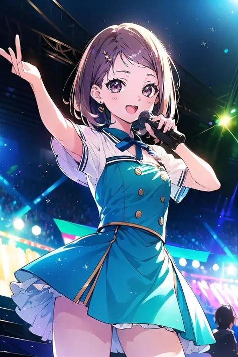 official art,extremely detailed CG unity 8k wallpaper, perfect lighting,(masterpiece:1.0), (best_quality:1.0), ultra high res, 4K, ultra-detailed, 8K, HDR, highres, absurdres:1.2, blurry background, bokeh:1.2, lens flare, (vibrant_color:1.2), <lora:Light and Shadow:0.8>, Colorful, <lora:epi_noiseoffset2:0.8>,
<lyco:hiiragi tsubomi:0.75>, 1girl, hiiragi tsubomi, gyaru, shoulder length hair,
nana01, light blue dress, short sleeve,
ear monitor, (upskirt:0.9), uphair, cowboy shot,
masterpiece, best quality, concert venue, 1girl, solo, stage in the background, stage lighting, stage spotlight, dancing, singing, smile,