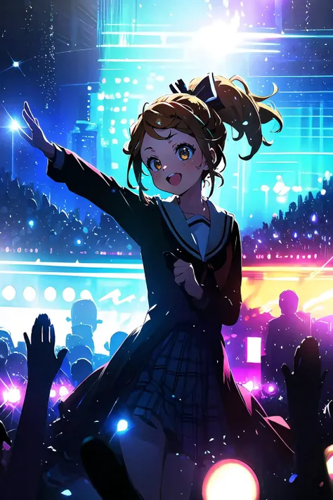 official art,extremely detailed CG unity 8k wallpaper, perfect lighting,(masterpiece:1.0), (best_quality:1.0), ultra high res, 4K, ultra-detailed, 8K, HDR, highres, absurdres:1.2, blurry background, bokeh:1.2, lens flare, (vibrant_color:1.2), <lora:Light and Shadow:1>, Colorful, <lora:epi_noiseoffset2:1>,
<lyco:kouno miyako v1.1:0.55>, 1girl, kouno miyako,
nanaon, school uniform,
ear monitor, (upskirt:0.8), uphair,
masterpiece, best quality, concert venue, 1girl, solo, stage in the background, stage lighting, stage spotlight, dancing, singing, smile,