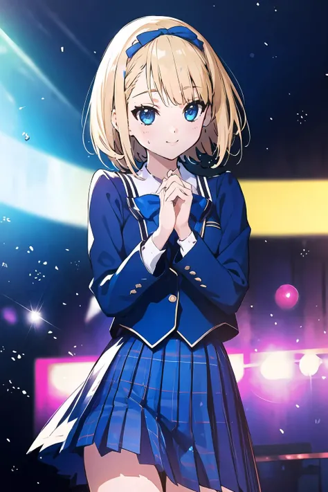 official art,extremely detailed CG unity 8k wallpaper, perfect lighting,(masterpiece:1.0), (best_quality:1.0), ultra high res, 4K, ultra-detailed, 8K, HDR, highres, absurdres:1.2, blurry background, bokeh:1.2, lens flare, (vibrant_color:1.2), <lora:Light and Shadow:1>, Colorful, <lora:epi_noiseoffset2:1>,
<lyco:saitou nicole:0.8>, saitou nicole, blonde hair, (short hair:1.2),
(nana02:1.1), blue blazer, plaid skirt, pleated skirt, blue skirt,
ear monitor, (upskirt:0.8), uphair, cowboy shot,
masterpiece, best quality, Tokyo dome arena seats, 1girl, solo, stage in the background, stage lighting, stage spotlight, dancing, singing, smile,