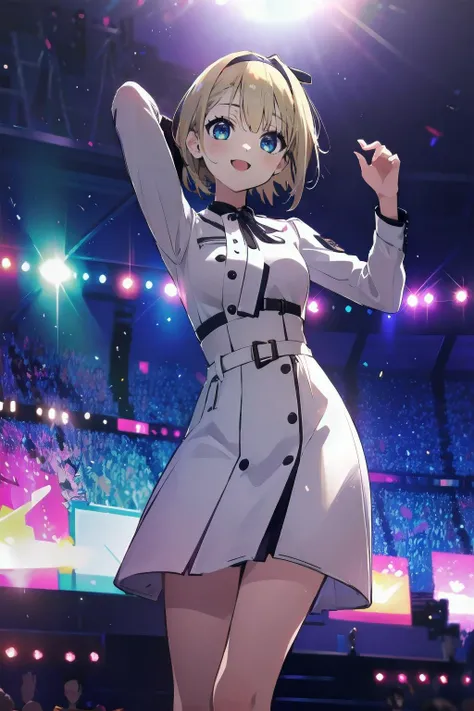 official art,extremely detailed CG unity 8k wallpaper, perfect lighting,(masterpiece:1.0), (best_quality:1.0), ultra high res, 4K, ultra-detailed, 8K, HDR, highres, absurdres:1.2, blurry background, bokeh:1.2, lens flare, (vibrant_color:1.2), <lora:Light and Shadow:0.8>, Colorful, <lora:epi_noiseoffset2:0.8>,
<lyco:saitou nicole:0.6>, saitou nicole, blonde hair, (short hair:1.2), (hair band:1.2), medium breasts, nice body,
<lyco:nana11:0.5>, nana11, (white dress:1.1) black dress, long sleeves,
ear monitor, (upskirt:0.8), uphair,
masterpiece, best quality, Tokyo dome arena seats, 1girl, solo, stage in the background, stage lighting, stage spotlight, dancing, singing, smile,