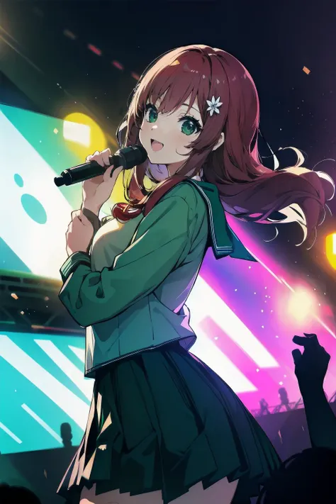 official art,extremely detailed CG unity 8k wallpaper, perfect lighting,(masterpiece:1.0), (best_quality:1.0), ultra high res, 4K, ultra-detailed, 8K, HDR, highres, absurdres:1.2, blurry background, bokeh:1.2, lens flare, (vibrant_color:1.2), <lora:Light and Shadow:0.7>, Colorful,
<lyco:satou reika:0.7>, 1girl, satou reika, red hair, (nanaon:1.2), green school uniform, holding a handheld mic, (upskirt:0.8), uphair,
masterpiece, best quality, concert venue, 1girl, solo, stage in the background, stage lighting, stage spotlight, singing, smile, cowboy shot,