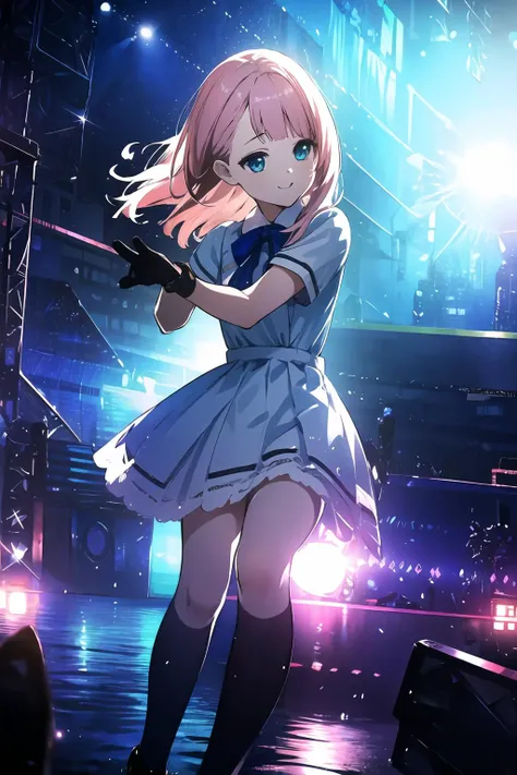 official art,extremely detailed CG unity 8k wallpaper, perfect lighting,(masterpiece:1.0), (best_quality:1.0), ultra high res, 4K, ultra-detailed, 8K, HDR, highres, absurdres:1.2, blurry background, bokeh:1.2, lens flare, (vibrant_color:1.2), <lora:Light and Shadow:1>, Colorful, <lora:epi_noiseoffset2:1>,
<lyco:kamiki mikami:0.4>, <lyco:kamiki mikami_v05:0.4>, 1girl, kamiki mikami, pink hair, green eyes,
nana01, light blue dress,
ear monitor, (upskirt:0.8), uphair,
masterpiece, best quality, concert venue, 1girl, solo, stage in the background, stage lighting, stage spotlight, dancing, singing, smile,