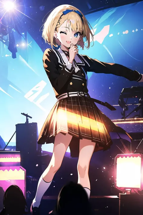 official art,extremely detailed CG unity 8k wallpaper, perfect lighting,(masterpiece:1.0), (best_quality:1.0), ultra high res, 4K, ultra-detailed, 8K, HDR, highres, absurdres:1.2, blurry background, bokeh:1.2, lens flare, (vibrant_color:1.2), <lora:Light and Shadow:1>, Colorful, <lora:epi_noiseoffset2:1>,
<lyco:saitou nicole:0.8>, saitou nicole, blonde hair, (short hair:1.2),
keisan04,
ear monitor, (upskirt:0.8), uphair, POV,
masterpiece, best quality, Live venue arena seats, 1girl, solo, stage in the background, stage lighting, stage spotlight, dancing, singing, smile,