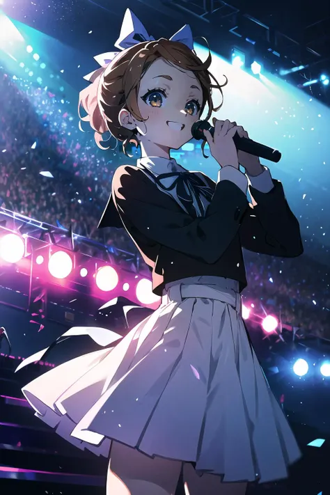 official art,extremely detailed CG unity 8k wallpaper, perfect lighting,(masterpiece:1.0), (best_quality:1.0), ultra high res, 4K, ultra-detailed, 8K, HDR, highres, absurdres:1.2, blurry background, bokeh:1.2, lens flare, (vibrant_color:1.2), <lora:Light and Shadow:0.8>, Colorful, <lora:epi_noiseoffset2:0.8>,
<lyco:kouno miyako v1.1:0.55>, 1girl, kouno miyako,
nanaon, school uniform,
ear monitor, (upskirt:0.8), uphair,
masterpiece, best quality, concert venue, 1girl, solo, stage in the background, stage lighting, stage spotlight, dancing, singing, smile,