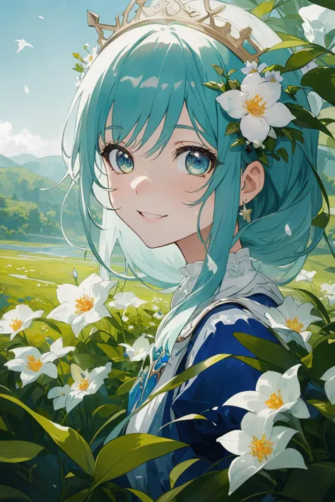 (masterpiece), (best_quality:1.3), (ultra_detailed:1.3), 8k, (((extremely_clear))), vivid color, cinematic lighting,
perfect proportion, perfect anatomy,
serene expression, 
noon, scenery, clear blue transparent sky, fantasy valley in mountains, outdoor, upper body,
1girl, 18 years-old, intricate adorable beautiful kawaii face, (((happy face))), flowers hair ornaments, wearing fantasy peasant plain dress,
flower_style