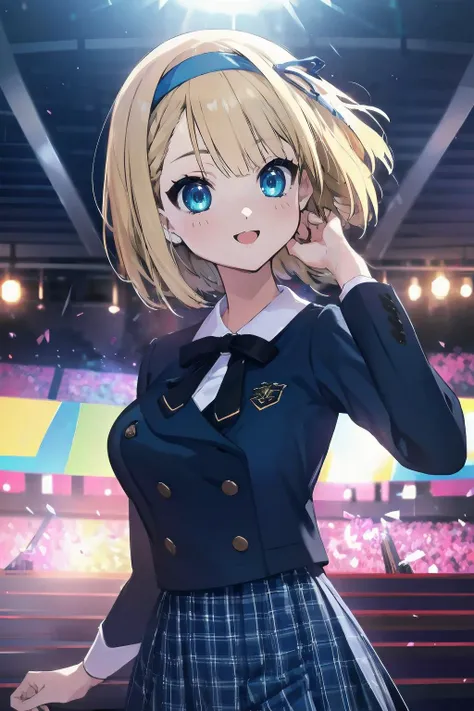 official art,extremely detailed CG unity 8k wallpaper, perfect lighting,(masterpiece:1.0), (best_quality:1.0), ultra high res, 4K, ultra-detailed, 8K, HDR, highres, absurdres:1.2, blurry background, bokeh:1.2, lens flare, (vibrant_color:1.2), <lora:Light and Shadow:0.8>, Colorful, <lora:epi_noiseoffset2:0.8>,
<lyco:saitou nicole:0.6>, saitou nicole, blonde hair, (short hair:1.2), (hair band:1.2), medium breasts, nice body,
<lyco:nana02_v1.5:0.6>, nana02, blue blazer, plaid skirt, blue skirt, collared shirt,
ear monitor, (upskirt:0.8), uphair,
masterpiece, best quality, Tokyo dome arena seats, 1girl, solo, stage in the background, stage lighting, stage spotlight, dancing, singing, smile,
