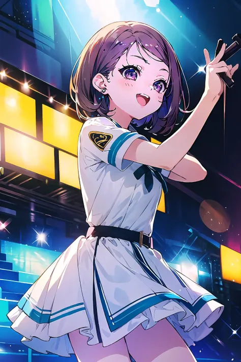 official art,extremely detailed CG unity 8k wallpaper, perfect lighting,(masterpiece:1.0), (best_quality:1.0), ultra high res, 4K, ultra-detailed, 8K, HDR, highres, absurdres:1.2, blurry background, bokeh:1.2, lens flare, (vibrant_color:1.2), <lora:Light and Shadow:0.8>, Colorful, <lora:epi_noiseoffset2:0.8>,
<lyco:hiiragi tsubomi:0.75>, 1girl, hiiragi tsubomi, gyaru, shoulder length hair,
nana01, light blue dress, short sleeve,
ear monitor, (upskirt:0.9), uphair, cowboy shot,
masterpiece, best quality, concert venue, 1girl, solo, stage in the background, stage lighting, stage spotlight, dancing, singing, smile,