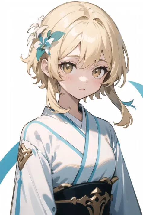 (finely best quality illustration:1.2), (kawaii girl:1.0), (1girl, solo:1.0), (short hair, blonde hair, long hair:1.0), (white kimono:1.0), (smile:0.4), (luminedef:0.9), (upper body:1.1), (white background:1.2), (ultra-detailed, highres:1.0), <lora:LumineGenshinImpact:1>,