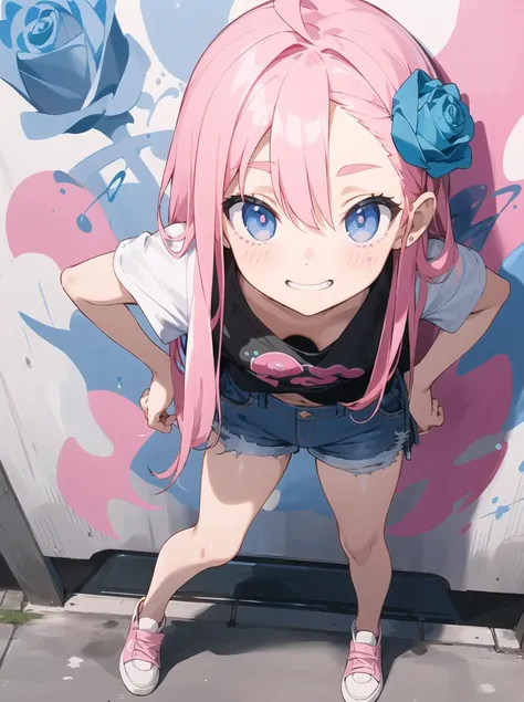 (finely best quality illustration:1.2), masterpiece,
(kawaii girl:1.0), solo,
1girl is (spray painting graffiti:1.2) on the wall,
spray can,
(black and blue rose graffiti:1.1),
************, (plump:0.4),
small breasts,
detailed eyes, clear blue eyes, looking up,
half-closed mouth,
grin,
(pink:1.1) hair,
black cap,
Wear (front-opening:1.2) hoodie over t-shirt, \(tie up the hem of one's T-shirt\),  white simple t-shirt,
(low-rise:1.4) and low-leg (denim short shorts:1.2),
(stooping forward:1.3),
(from above:1.1), close-up, character focus,
<lora:extendedDownblouse_v10:0.65>