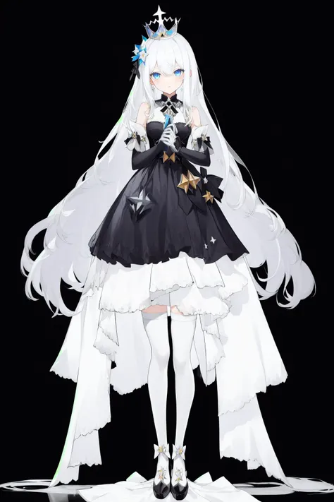 <lora:xihuanfengge:1>,1girl, solo, long hair, blue eyes, dress, gloves, full body, flower, black background, crown, holding, looking at viewer, white gloves, white hair, thighhighs, white footwear, bow, bangs, frills, standing, white dress, hair ornament, white bow, gem, simple background, hair between eyes, jewelry, pantyhose, bare shoulders, white thighhighs, star (symbol), masterpiece, best quality,
