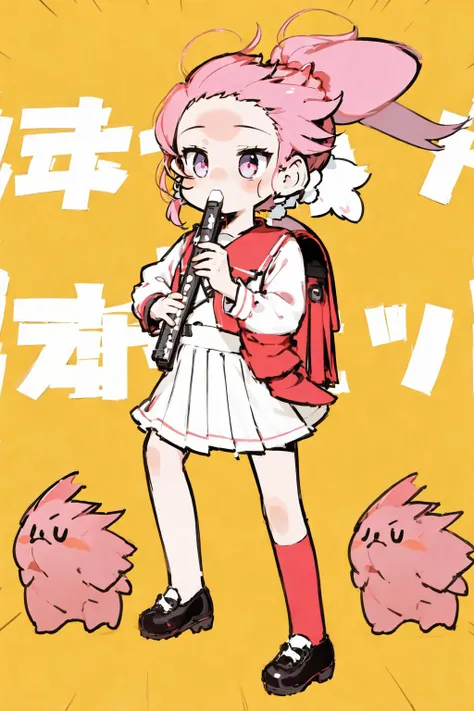 (masterpiece, best quality, ultra detailed,illustration), <lora:loha_kyoufuu_all_back:1>,
kyoufuu all back, 1girl, holding recorder, music, [chibi:0.5],cohesive yellow background,randoseru,emphasis lines,full body, pink hair,twintails,