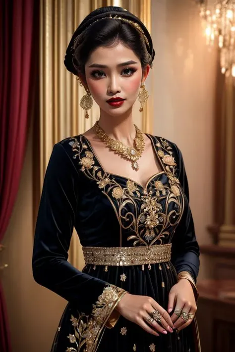 photography, woman, portrait of java wedding woman in black long kebaya dress traditional, red lipstick, golden necklace, earrings, ornate, detail, flowers, <lora:ARWJavaWeddingWoman:1>