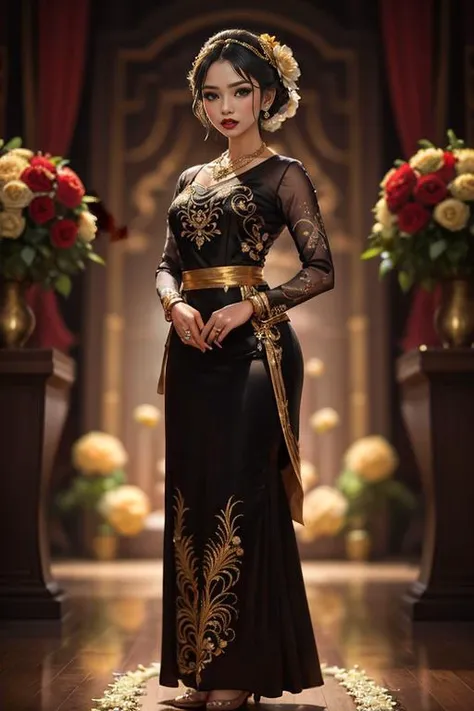 photography, woman, full body of java wedding woman in black long kebaya dress traditional and batik skirt, looking at viewer, jewerly and hair on hair, red lipstick, golden necklace, earrings, ornate, detail, flowers, blurry background, soft focus <lora:ARWJavaWeddingWoman:1>