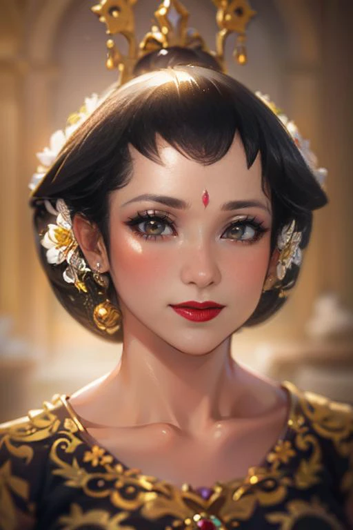 photography, woman, java wedding woman in black kebaya dress traditional and batik skirt, looking at viewer, jewerly and hair on hair, red lipstick, golden necklace, earrings, ornate, detail, flowers, blurry background, soft focus <lora:ARWJavaWeddingWoman:1>