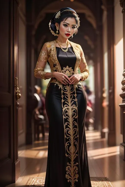 photography, woman,  full body of java wedding woman in black long kebaya dress traditional and batik skirt, looking at viewer, jewerly and hair on hair, red lipstick, golden necklace, earrings, ornate, detail, flowers, blurry background, soft focus <lora:ARWJavaWeddingWoman:1>