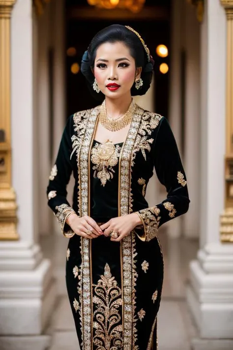photography, woman, full body of java wedding woman in black kebaya dress traditional and batik skirt, looking at viewer, jewerly and hair on hair, red lipstick, golden necklace, earrings, ornate, detail, flowers, blurry background, soft focus <lora:ARWJavaWeddingWoman:1>