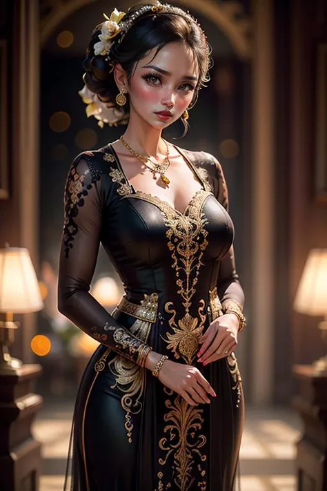 photography, woman, portrait of java wedding woman in black long kebaya dress traditional, red lipstick, golden necklace, earrings, ornate, detail, flowers, blurry background, soft focus <lora:ARWJavaWeddingWoman:1>