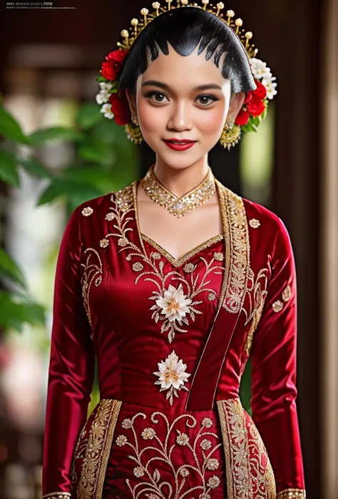 <lora:ARWJavaWeddingWoman:1.5>, photography, full body of java wedding woman in red long kebaya dress traditional and batik skirt, looking at viewer, jewelry on hair, tiny strain white jasmine hair ornaments, long shot , smile, beautiful face, (extremely detailed photo), full body shot photo, high-quality photo, photorealistic, Intricate, High Detail, Sharp focus, dramatic, photorealistic, RAW photo, real person, hyperrealism, masterpiece,, very detailed face and eyes,4k,8k,highly detailed, high Detail, Sharp focus, detailed face,
high-quality photo, (photorealistic:1.5),(hyper realistic:1.5)