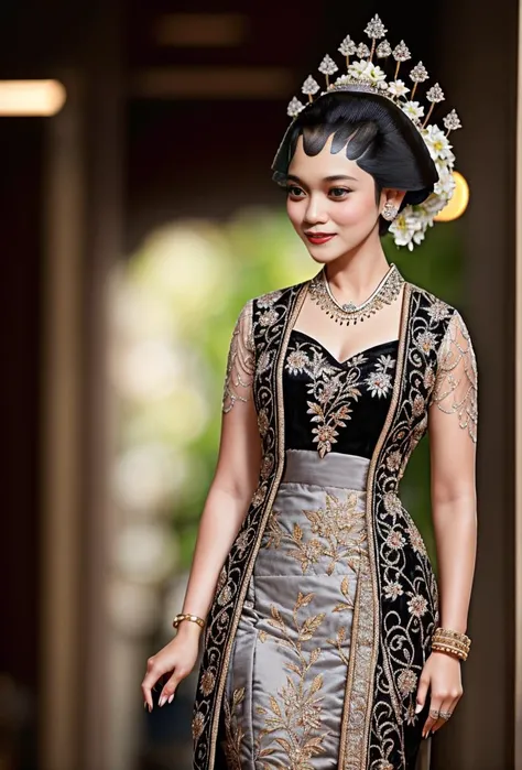 <lora:ARWJavaWeddingWoman:1.5>, photography, full body of java wedding woman in grey long kebaya dress traditional and batik skirt, looking at viewer, jewelry on hair, tiny strain white jasmine hair ornaments, long shot , light smile, beautiful face, (extremely detailed photo), full body shot photo, high-quality photo, photorealistic, Intricate, High Detail, Sharp focus, dramatic, photorealistic, RAW photo, real person, hyperrealism, masterpiece,, very detailed face and eyes,4k,8k,highly detailed, high Detail, Sharp focus, detailed face,
high-quality photo, (photorealistic:1.5),(hyper realistic:1.5)