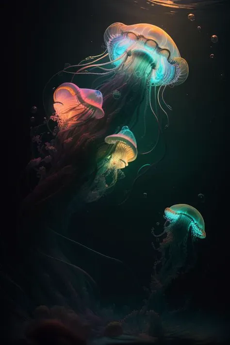 octane render, hdr, (hyperdetailed:1.15), (soft light, sharp:1.2), beautiful, realistic, 1 giant black jellyfish, bubbles, glowing, deep sea, dark <lora:jellyfish_lora_v2:0.4>
