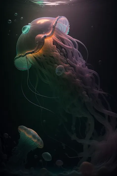 octane render, hdr, (hyperdetailed:1.15), (soft light, sharp:1.2), beautiful, realistic, 1 giant black jellyfish, bubbles, glowing, deep sea, dark <lora:jellyfish_lora_v2:0.4>