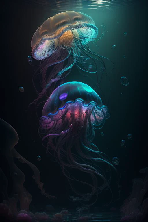 octane render, hdr, (hyperdetailed:1.15), (soft light, sharp:1.2), beautiful, realistic, 1 giant black jellyfish, bubbles, glowing, deep sea, dark <lora:jellyfish_lora_v2:0.4>