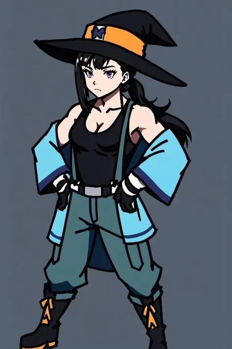 (masterpiece, best quality),  intricate details,
1girl,     maki oze, long hair, bangs, black hair, (purple eyes:1.1), muscular female, muscular,, cleavage, gloves, hat, bare shoulders, collarbone, black gloves, pants, black headwear, witch hat, tank top, black tank top,, cleavage, bare shoulders, collarbone, ponytail, belt, suspenders, tank top, black tank top,, cleavage, gloves, long sleeves, cleavage, boots, open clothes, pants, coat, open coat, grey pants, tank top, black tank top,,  <lyco:makioze-LYCORIStest:0.8>
 <lora:walfie:0.8> walfie,