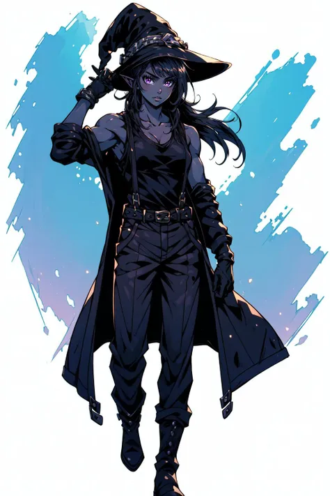 (masterpiece, best quality),  intricate details,
1girl,     maki oze, long hair, bangs, black hair, (purple eyes:1.1), muscular female, muscular,, cleavage, gloves, hat, bare shoulders, collarbone, black gloves, pants, black headwear, witch hat, tank top, black tank top,, cleavage, bare shoulders, collarbone, ponytail, belt, suspenders, tank top, black tank top,, cleavage, gloves, long sleeves, cleavage, boots, open clothes, pants, coat, open coat, grey pants, tank top, black tank top,,  <lyco:makioze-LYCORIStest:0.8>
 <lora:drow_offset:0.8> drow, dark elf, colored skin, dark skin, blue skin, grey skin, pointy ears,