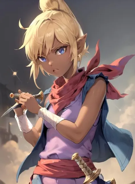 best quality, (masterpiece:1.5),(ultra-detailed), (high quality:1.3), (high resolution), pointy ears, tetra,short hair, blonde hair, dark skin, blue eyes, neckerchief, short hair, purple shirt , vest, <lora:tetra:0.7>, sword,