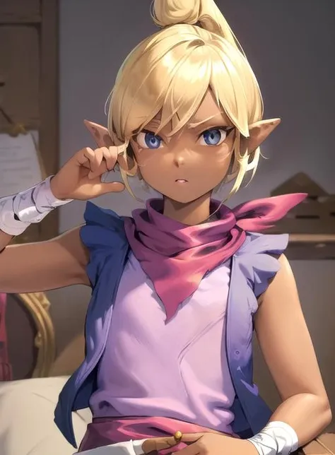 best quality, (masterpiece:1.5),(ultra-detailed), (high quality:1.3), (high resolution), pointy ears, tetra,short hair, blonde hair, dark skin,  blue eyes, neckerchief, short hair, purple shirt , vest, <lora:tetra:0.7>